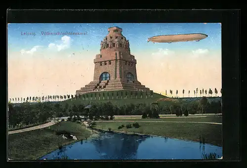 AK Leipzig, Luftschiff Zeppelin über dem Völkerschlachtdenkmal