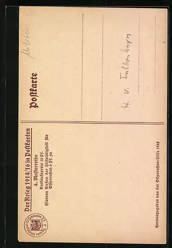 Künstler-AK Ostpreussenhilfe 1915, General Falkenhayn