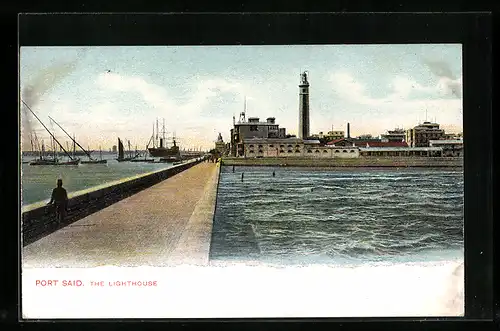 AK Port Said, The Lighthouse, Hafenpartie mit Leuchtturm, Dampfer