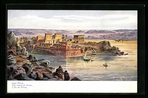 Künstler-AK Insel Philae, Blick auf die Tempelanlage