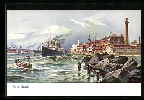 Künstler-AK Port Said, Panorama mit Dampfer