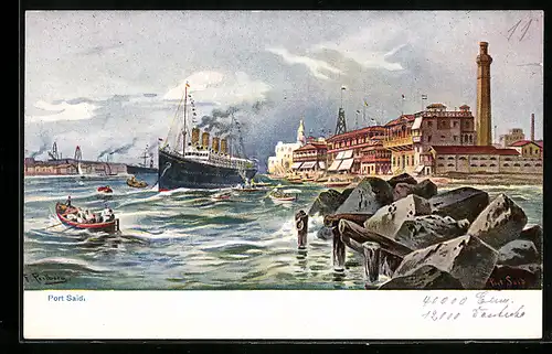 Künstler-AK Port Said, Panorama mit Dampfer