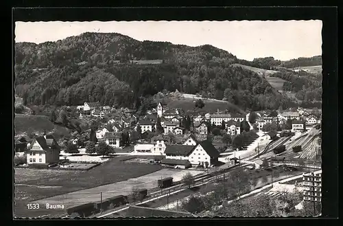 AK Bauma, Ortsansicht mit Bahnhof aus der Vogelschau