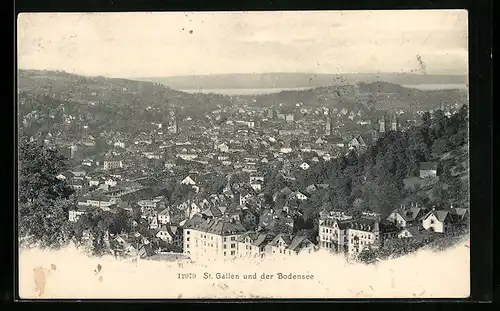 AK St. Gallen, Totalansicht mit Bodenseeblick