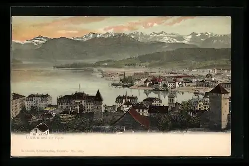 AK Luzern, Teilansicht mit Bucht und Alpen