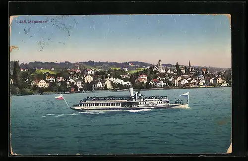 AK Männedorf, Panorama mit Dampfer Stadt Zürich