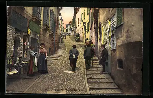 AK Lugano, Passanten vor den kleinen Läden in der Via Cattedrale