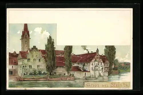 Lithographie Stein am Rhein, Teilansicht mit Kirche