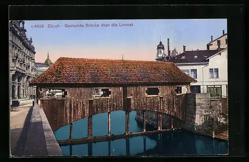 AK Zürich, Gedeckte Brücke über die Limmat