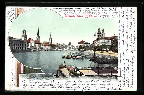 AK Zürich, Flusspartie mit Ortsansicht