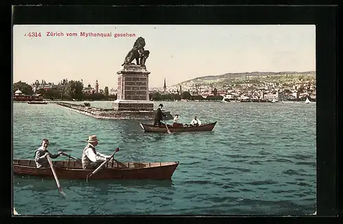 AK Zürich, Ortspanorama mit Löwendenkmal, Mythenquai