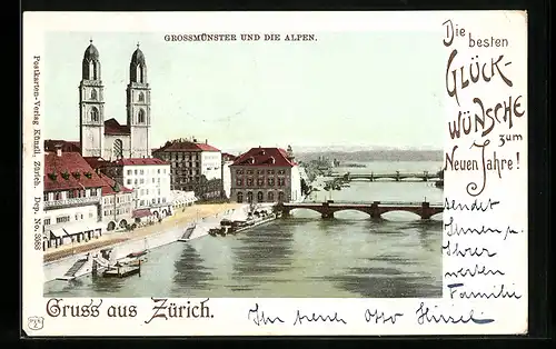 AK Zürich, Grossmünster u. die Alpen