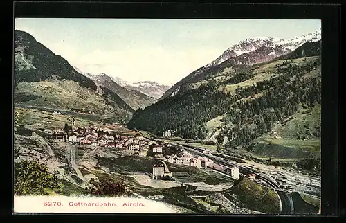 AK Airolo, Totale mit Gotthardbahn