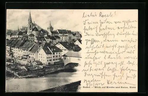 AK Baden, Blick auf Kirche und Ruine
