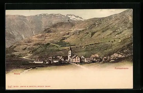 AK Realp, Panorama mit Furkastrasse