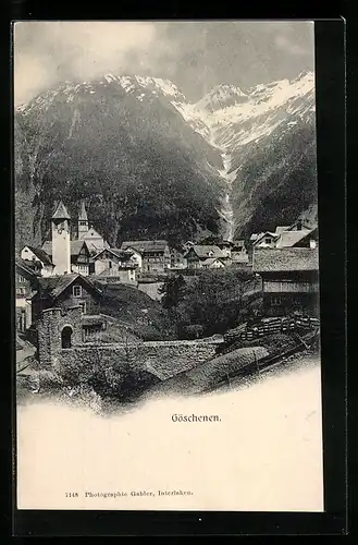 AK Göschenen, Ortsansicht mit Kirchen und Bergkulisse