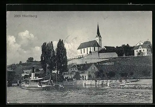 AK Herrliberg, Ortsansicht mit Hotel Raben und Kirche vom Wasser aus