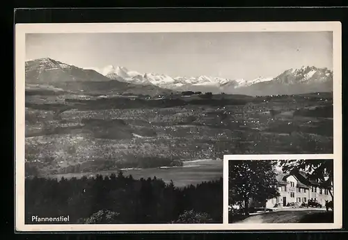AK Pfannenstiel, Gasthaus Wirtschaft Pfannensriel J. Zahner-Zweifel, Ortsansicht mit Bergpanorama