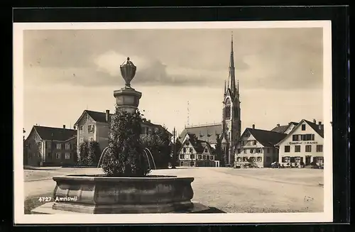 AK Amriswil, Platz mit Brunnen, Gasthof zum Bären und Kirche