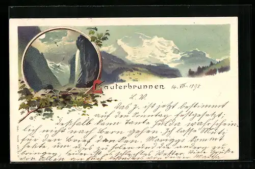 Lithographie Lauterbrunnen, Partie im Hochgebirge, Wasserfall