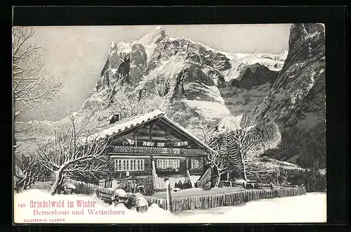 AK Grindelwald, Bernerhaus und Wetterhorn m Winter