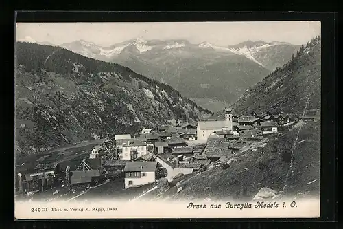 AK Curaglia-Medels, Ortsansicht mit Bergpanorama aus der Vogelschau