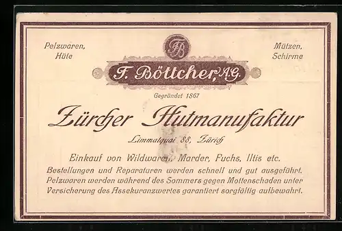 AK Zürich, Zürcher Hutmanufaktur F. Böttcher AG, Limmatquai 88, Nota-Formular
