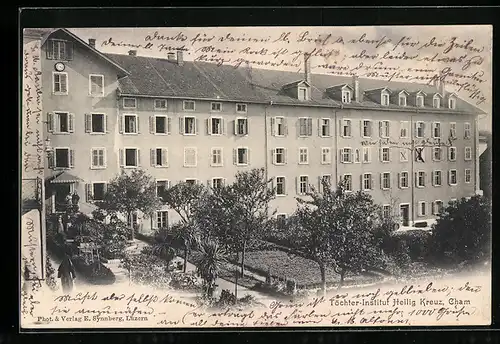 AK Cham, Töchter-Institut Heilig Kreuz mit Garten aus der Vogelschau