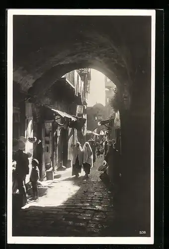 AK Jerusalem, Gasse mit geschäftigem Treiben