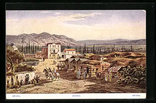 Künstler-AK Friedrich Perlberg: Jericho, Panorama mit Jordan-Hotel