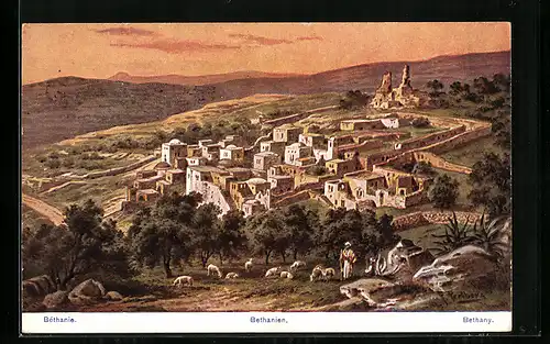 Künstler-AK Friedrich Perlberg: Bethanien, Panoramablick vom Berg, Schäfer mit Herde
