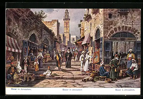 Künstler-AK Friedrich Perlberg: Jerusalem, Menschen handeln auf dem Basar
