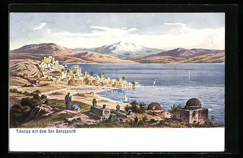 AK Tiberias, Gesamtansicht mit See Genezareth