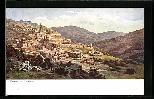 Künstler-AK F.Perlberg: Nazareth, Teilansicht am Berghang