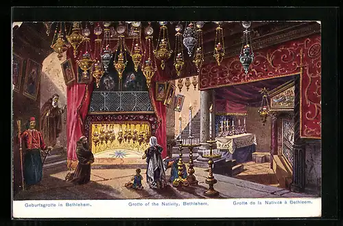 AK Bethlehem, Geburtsgrotte, Inneres mit kniendem Mönch
