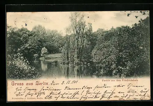 AK Berlin, Partie aus dem Friedrichshain, Teich