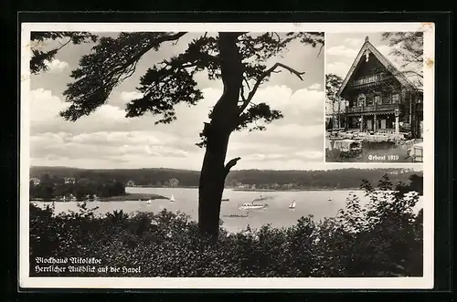 AK Berlin-Wannsee, Blockhaus Nikolskoe mit Blick auf die Havel