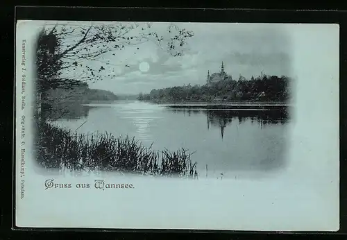 Mondschein-AK Berlin-Wannsee, Seepartie mit Turmgebäude am Ufer