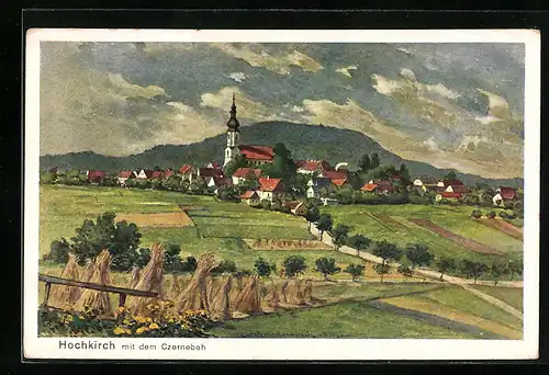 AK Hochkirch, Teilansicht mit Kirche und dem Czorneboh