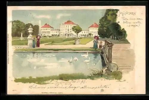 Künstler-AK München-Nymphenburg, Schloss Nymphenburg und Teich mit Schwänen