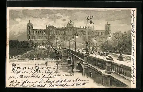 Lithographie München, Maximilianeum und Brücke im Winter