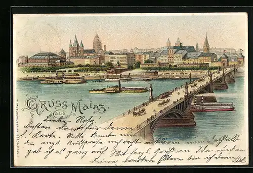 Lithographie Mainz, Blick über den Rhein auf die Stadt, Dampfer, beleuchtete Fenster