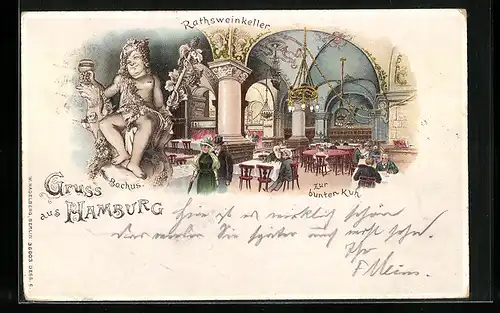 Lithographie Hamburg, Gasthaus Rathsweinkeller Zur bunten Kuh