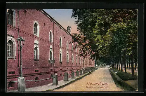 AK Germersheim, Garnison-Lazarett mit Strasse und Promenaden-Allee