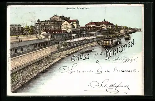 Vorläufer-Lithographie Dresden, 1895, Helbigs Restaurant mit Ufer und Umgebung