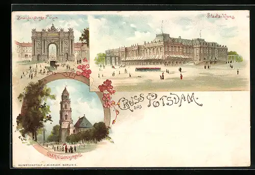 Lithographie Potsdam, Brandenburger Tor, Stadtschloss, Garnisonkirche