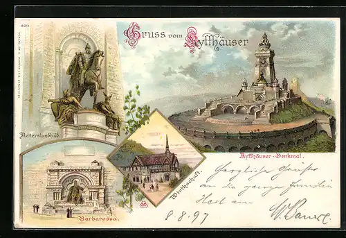 Lithographie Kyffhäuser, Kaiser Wilhelm-Denkmal, Wirtschaft, Barbarossa, Reiterstandbild