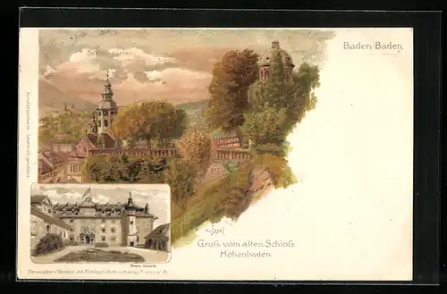 Lithographie Baden-Baden, Schloss Hohenbaden, Schlossgarten und Neues Schloss