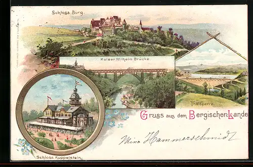 Lithographie Solingen, Schloss Burg, Schloss Küppelstein, Thalsperre