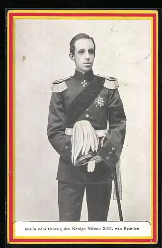 AK Der junge König von Spanien in Uniform, Anlasskarte Einzug